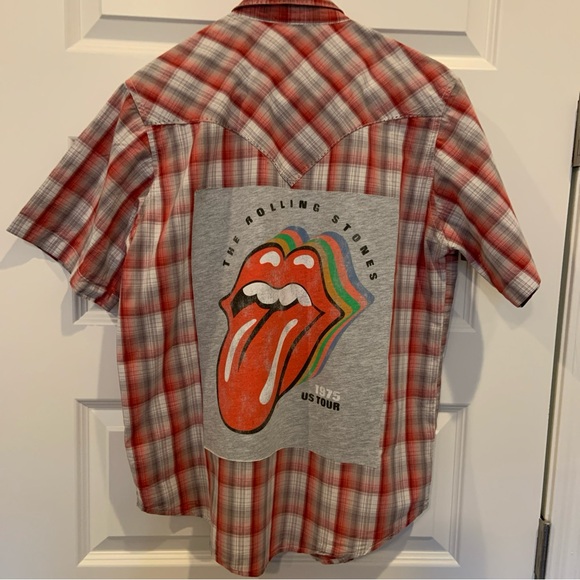 Custom Made Rolling Stone Graphic Wrangler Western Pearl Snap Plaid Shirt Sz M - Picture 2 of 8